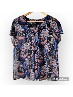 ALFANI Black Silk Abstract Floral Print Sheer Capped Sleeve Blouse Size 12